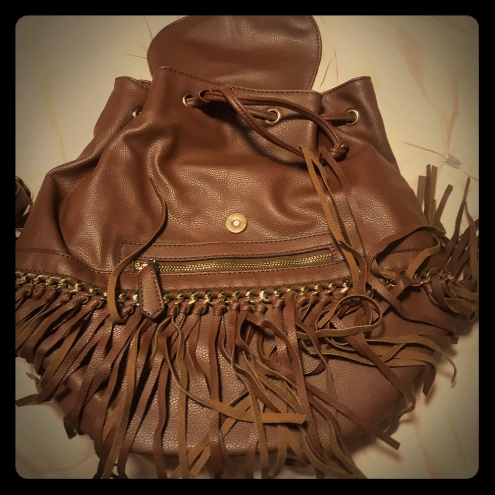 brown faux leather fringe backpack